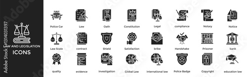 Law and legislation icon set. Containing Law, Oath, Constitution, Legal, compliance