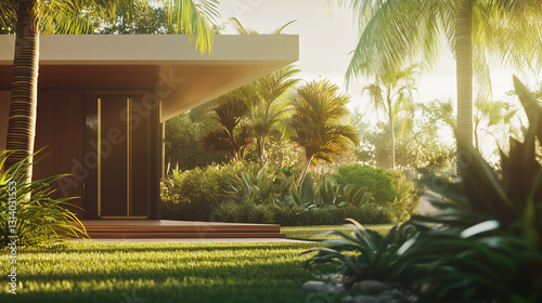 Modern tropical villa surrounded by lush greenery, embodying serene harmony with nature.
