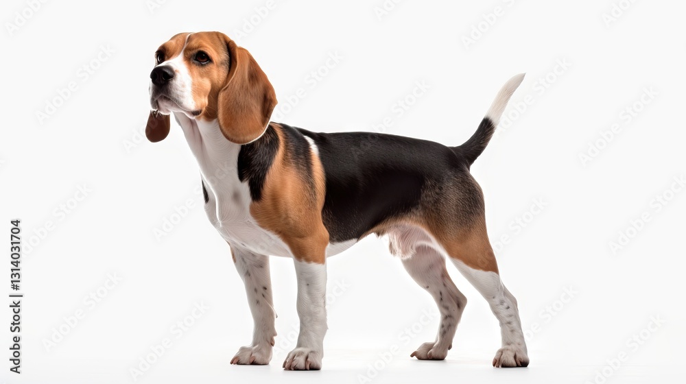 A Beagle Dog Standing in Profile, Facing Left, with Distinctive Brown, Black, and White Coat A Beagle Dog Standing in Profile, Facing Left, with Distinctive Brown, Black, and White Coat