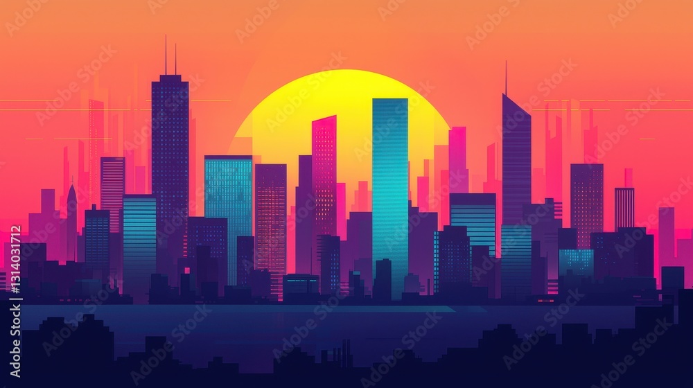 Fototapeta premium Vibrant City Skyline at Sunset with Retro Color Palette