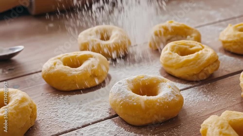 Freshly made doughnuts being dusted with sugar on a wooden surface.