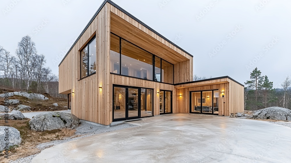 Modern Wood and Glass House in Snowy Landscape Modern Wood and Glass House in Snowy Landscape