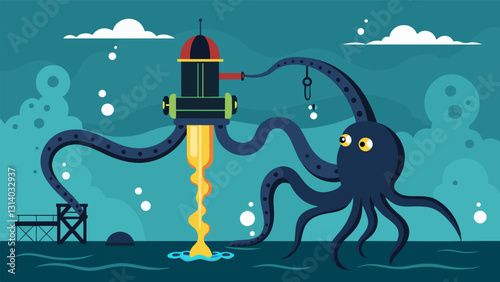 Like a giant octopus the submersible pump extends its tentacles deep into the ocean expertly extracting oil from the underwater well and bringing it. Vector illustration