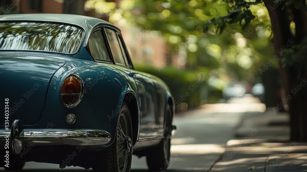 Fototapeta premium Classic blue coupe parked on a tree-lined street.