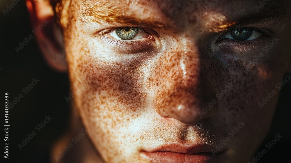 Close-up portrait of a freckled young man with intense gaze. Close-up portrait of a freckled young man with intense gaze.