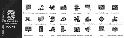 social media marketing icon set. Containing Content Strategy, Audience Research, Influencers, Metrics, social media