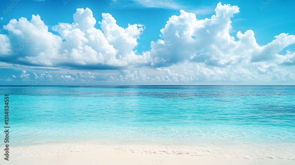 Obraz premium Idyllic tropical beach scene with turquoise water, white sand, and fluffy clouds under a vibrant blue sky.
