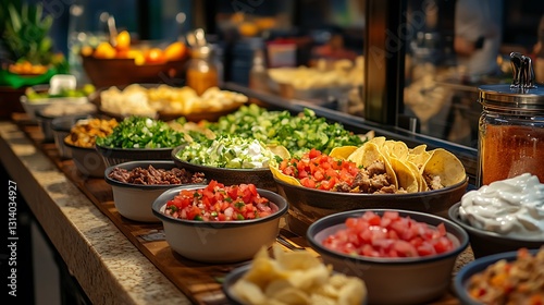 Taco bar with various toppings, meats, and sauces.