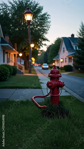 A red fire hydrant is on the sidewalk. It is chained to the ground. The hydrant is in front of a house