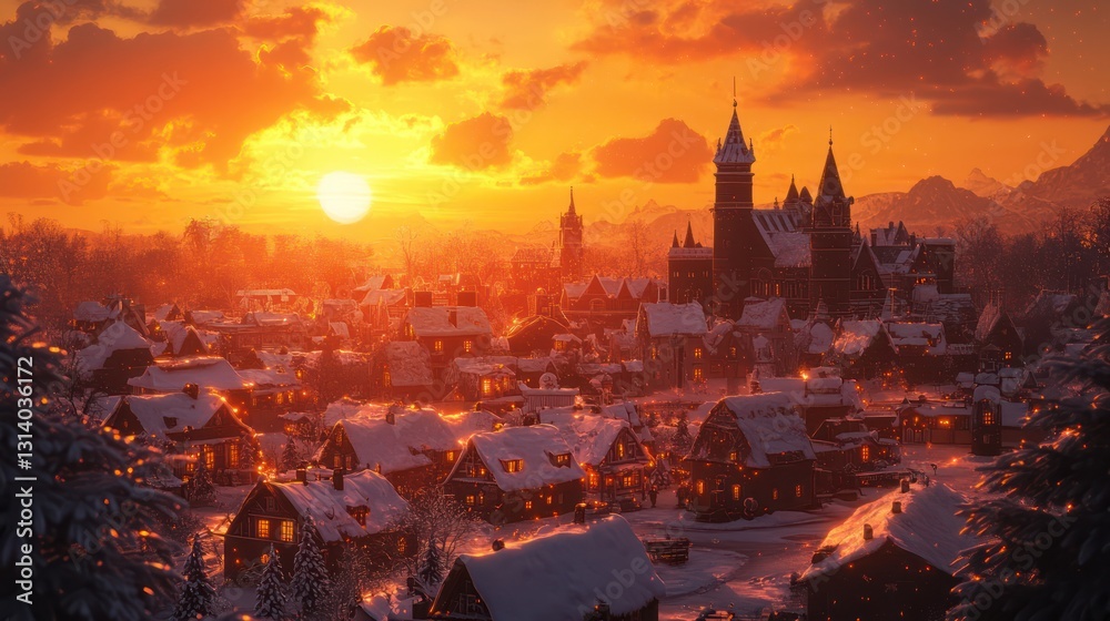 Naklejka premium Snowy Village Sunset: A Winter Wonderland