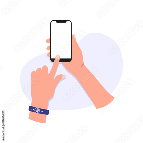 Hands texting on mobile phone screen mockup. Two thumbs on smartphone. Flat vector illustration