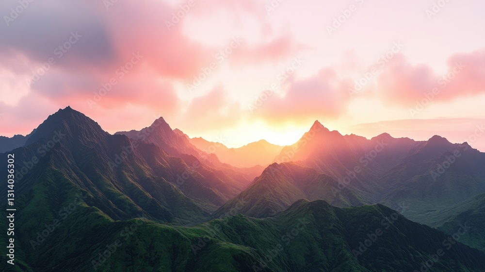 Serene Sunrise Over Majestic Mountain Landscape in Soft Pastel Hues Serene Sunrise Over Majestic Mountain Landscape in Soft Pastel Hues