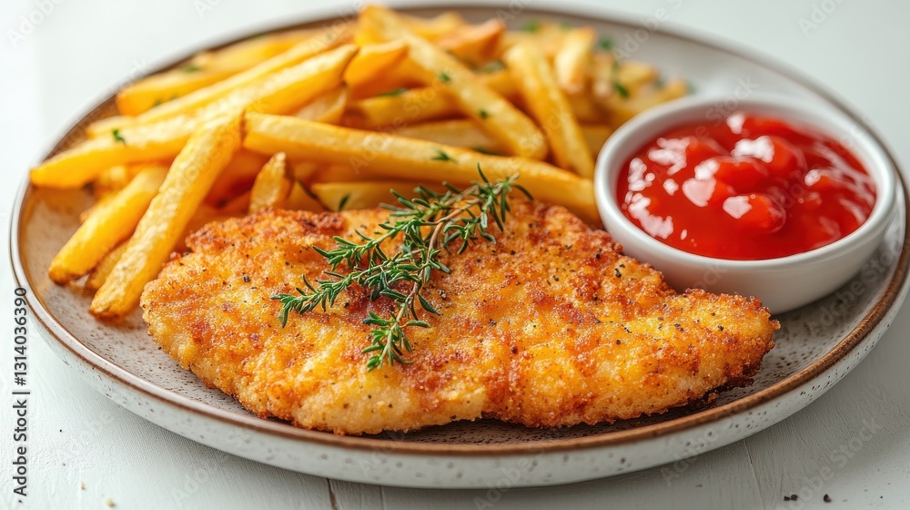 plate with french fries and chicken schnitzel isolated on white background plate with french fries and chicken schnitzel isolated on white background