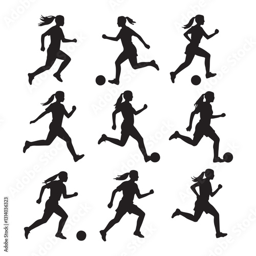 Female Soccer Player Silhouettes – Football Action Vector Set