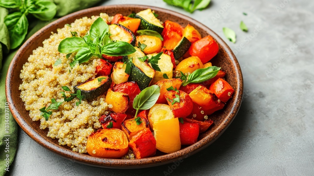 A vibrant bowl of quinoa topped with roasted vegetables and fresh basil, showcasing a healthy and colorful meal option. A vibrant bowl of quinoa topped with roasted vegetables and fresh basil, showcasing a healthy and colorful meal option.