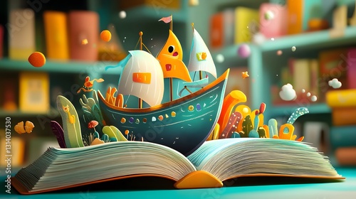 The Magical Voyage: A Ship Sailing from an Open Book in a Library