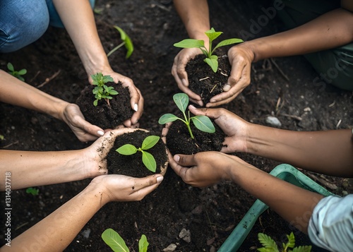 A Community Of Hands Gently Nurturing Young Seedlings, A Symbol Of Growth, Hope, And Shared Responsibility In Rich Dark Earth Under Soft Sunlight