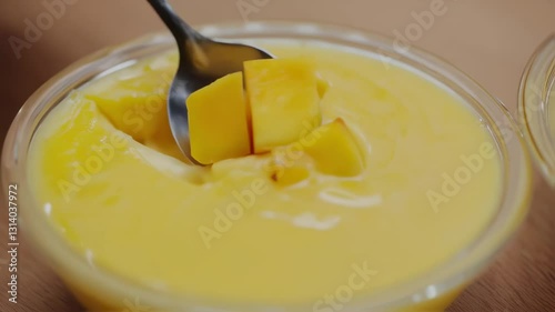 A close-up of a creamy dessert with mango pieces and a spoon.