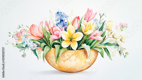A delicate watercolor painting of Easter flowers, pastel lilies and tulips arranged in an ornate golden egg, soft brushstrokes, vintage botanical style