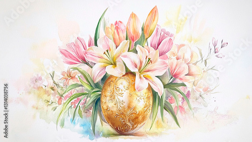 A delicate watercolor painting of Easter flowers, pastel lilies and tulips arranged in an ornate golden egg, soft brushstrokes, vintage botanical style