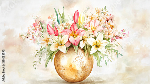 A delicate watercolor painting of Easter flowers, pastel lilies and tulips arranged in an ornate golden egg, soft brushstrokes, vintage botanical style