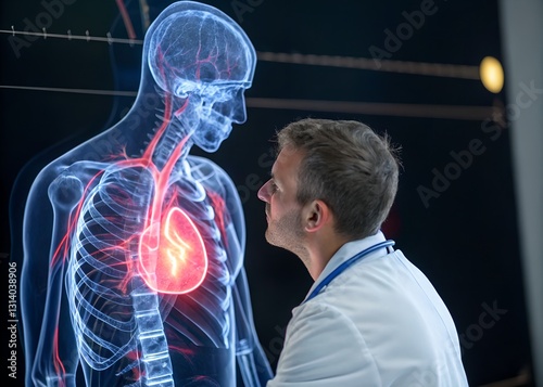 A Doctor Intently Studies A Translucent Anatomical Heart Glowing Intensely Within A Digital Human Body Projection, Showcasing Modern Medical Technology