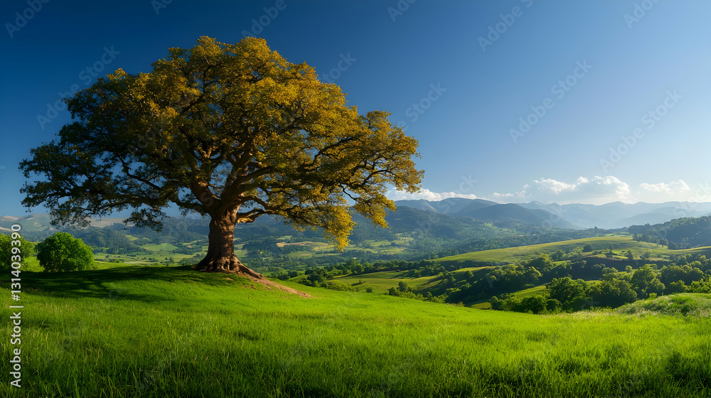 A Lone Tree Stands Majestic on a Hilltop Grassy Field Overlooking a Lush Green Valley and Mountains Under a Clear Blue Sky on a Bright Sunny Day A Lone Tree Stands Majestic on a Hilltop Grassy Field Overlooking a Lush Green Valley and Mountains Under a Clear Blue Sky on a Bright Sunny Day
