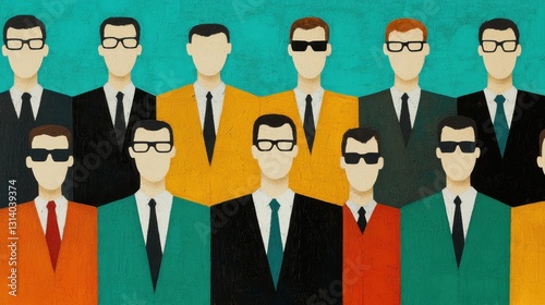 Group of Businessmen in Suits with Stylish Sunglasses on Colorful Background