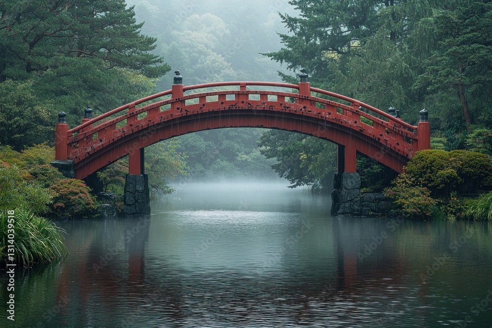Red bridge over water in lush garden, foggy, serene scene, trees background Red bridge over water in lush garden, foggy, serene scene, trees background