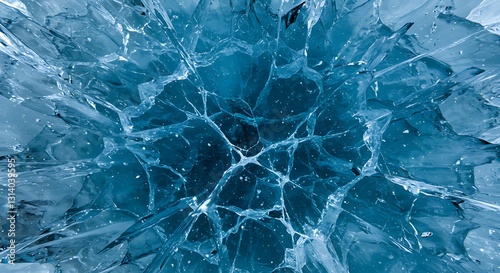 A shattered ice effect with sharp cracks, symbolizing fragility, strength, and dramatic visual impact in a high-contrast digital composition. ice background.