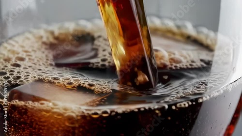 A close-up of a fizzy beverage being poured into a glass, showcasing bubbles and carbonation.