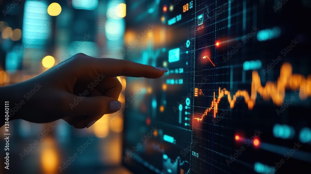 Close-up of Hand Analyzing Stock Market Chart on Screen, Business Finance, Data Analysis, Investment Strategy, Technology Concept.