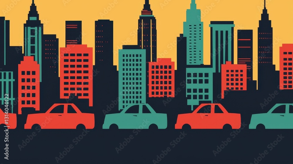 Obraz premium Urban City Skyline at Sunset with Colorful Cars in Foreground