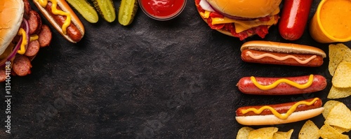 Delicious Hotdogs and Burgers Feast on Dark Textured Surface an Appetizing American Fast Food Spread