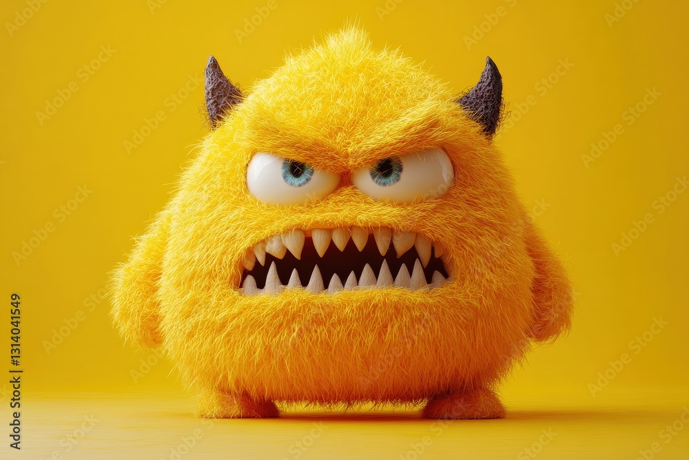 Obraz premium Furry Yellow Monster with Horns and Sharp Teeth Displaying a Grumpy Face on Plain Yellow Background