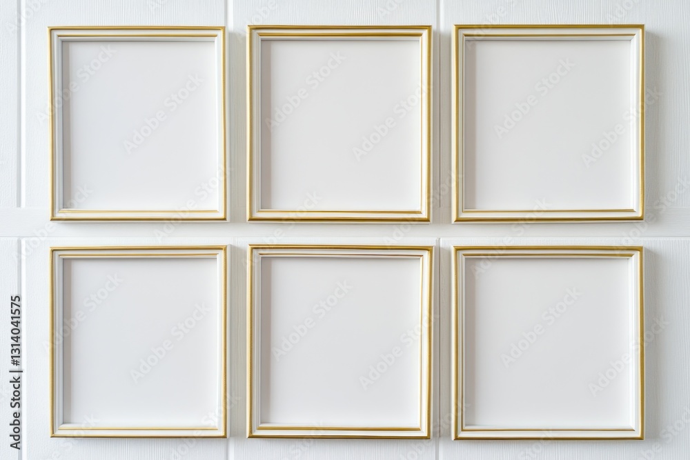 Fototapeta premium Empty picture frames arranged in a grid on a white wall, ready for artwork display