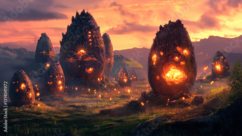 A surreal Easter island where giant eggs hatch into tiny glowing dragons, whimsical fantasy, soft glowing light, high fantasy art, intricate details