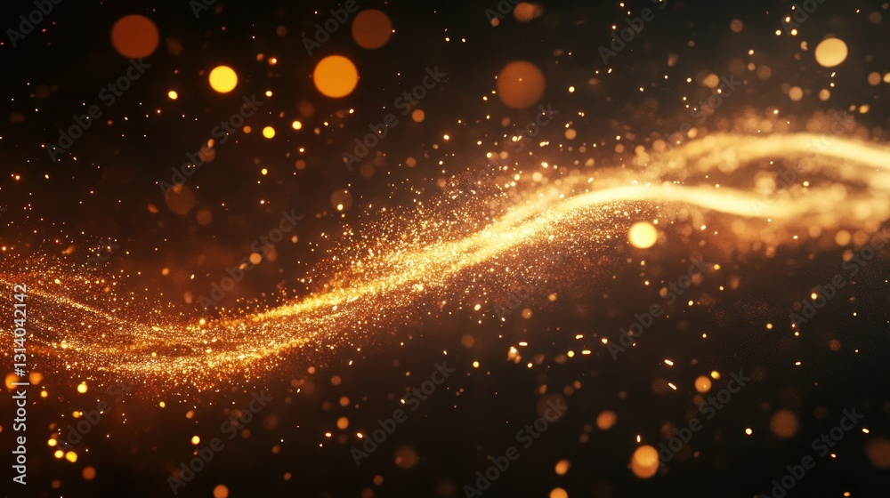 Golden particles flowing with blurry lights and darkened background Golden particles flowing with blurry lights and darkened background