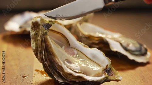 A close-up of an open oyster on a wooden board, ready to be enjoyed.