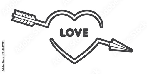 Wector black and white tattoo illustration of a heart pierced by an arrow, with the words "LOVE" in the middle. Isolated on white background.