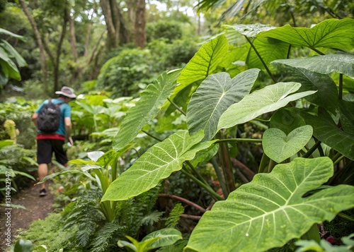 A Lone Hiker Discovers Tranquility Amidst A Lush, Vibrant Jungle Path, The Colossal Leaves Of Elephant Ear Plants Dominating The Foreground In A Soft, Dappled Light