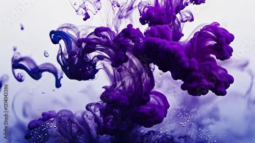 Purple ink swirling in water creating abstract fluid shapes and textures