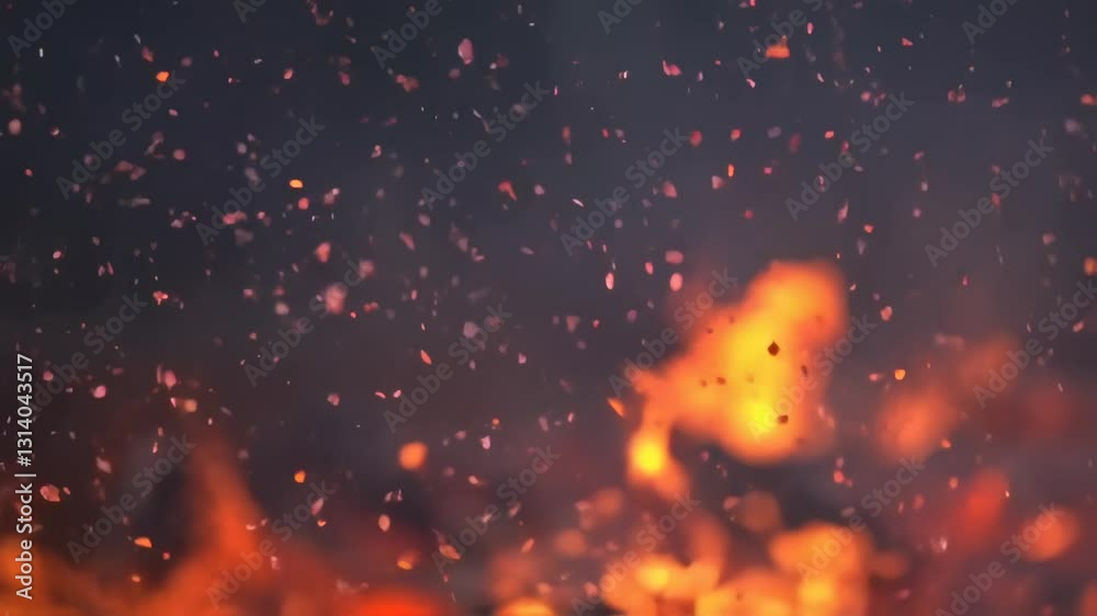 A close-up of glowing embers and sparks from a fire, creating a warm and dynamic atmosphere.