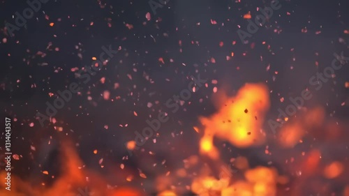 A close-up of glowing embers and sparks from a fire, creating a warm and dynamic atmosphere.