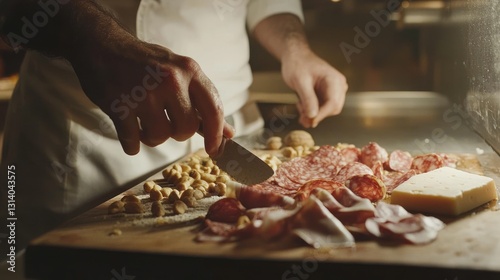 Chef preparing Italian antipasto with salami, cheese, and gnocchi.