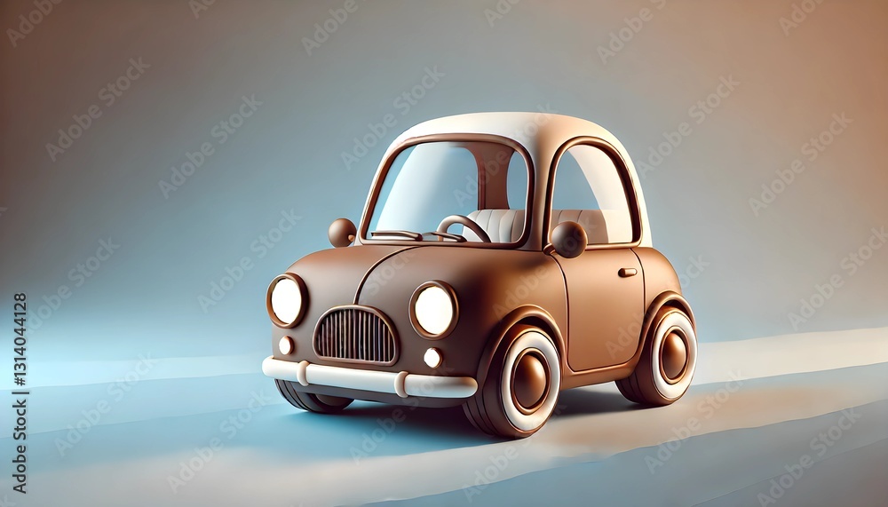 Obraz premium A charming, compact retro-style car with a cute, cartoonish design. Its rounded body, big headlights, and two-tone color scheme give it a nostalgic and playful appearance