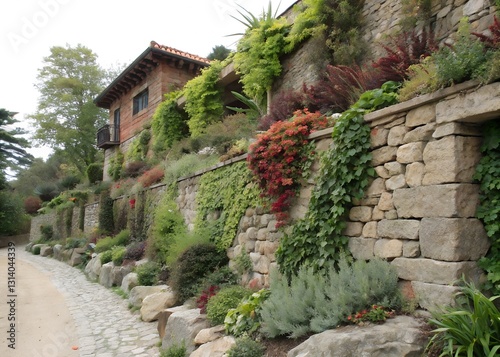 A Rustic Stone House Nestled Amidst A Vibrant Tapestry Of Climbing Vines And Flowering Plants Cascading Down Its Walls In A Sun-drenched Garden