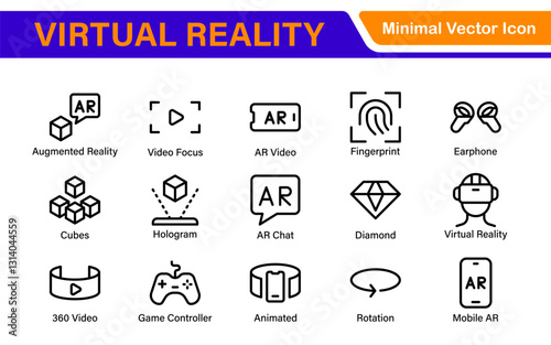 Virtual Reality and Metaverse Icon Set. A cutting-edge collection of icons designed to enhance immersive experiences, perfect for VR apps, gaming platforms, and digital worlds.