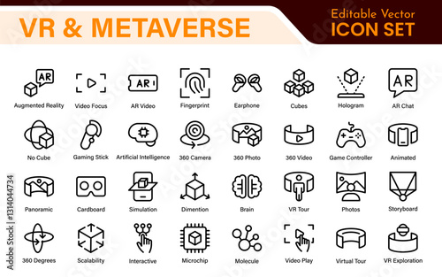 Virtual Reality and Metaverse Icon Set. A cutting-edge collection of icons designed to enhance immersive experiences, perfect for VR apps, gaming platforms, and digital worlds.