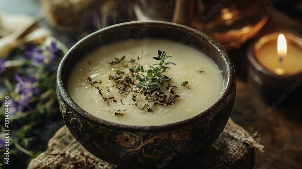 Steaming creamy soup in rustic bowl, garnished with thyme. Steaming creamy soup in rustic bowl, garnished with thyme.